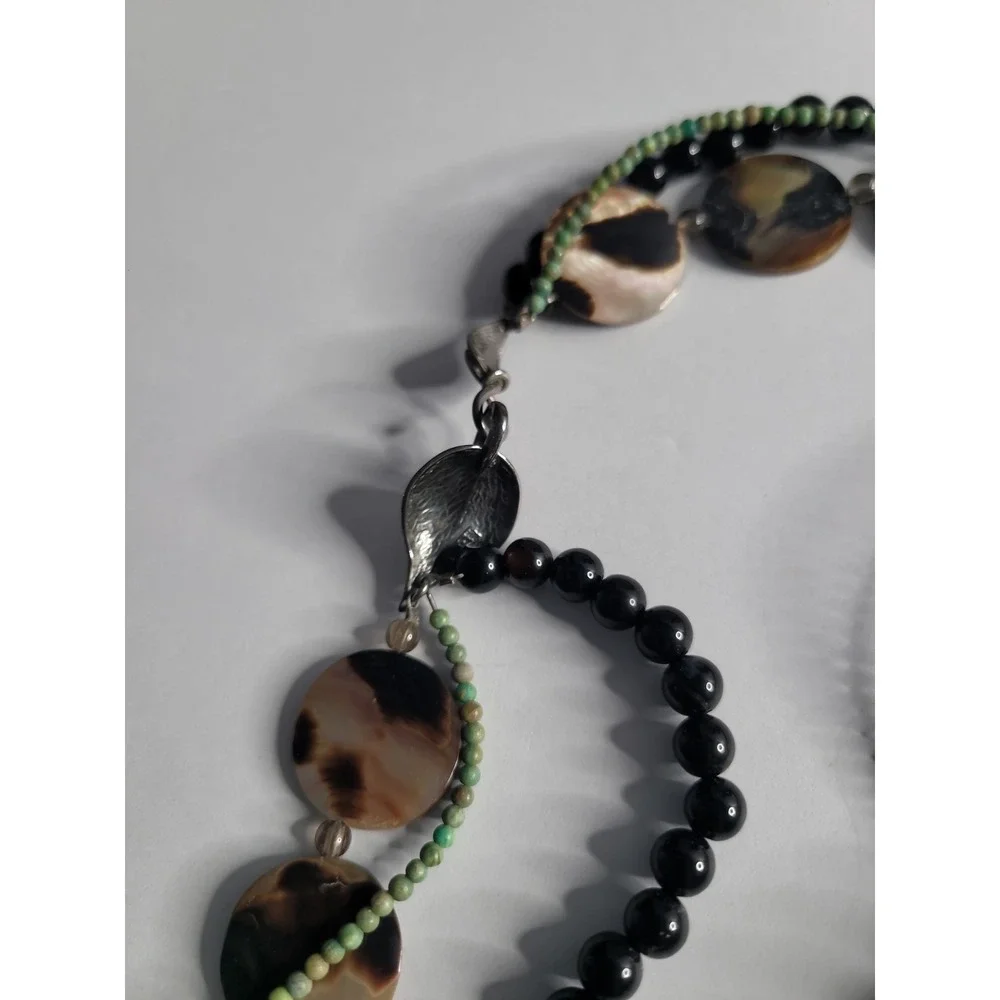 Multi Strand Shell Disc Necklace 925 Sterling‎ Clasp Black Bead Boho Artisan